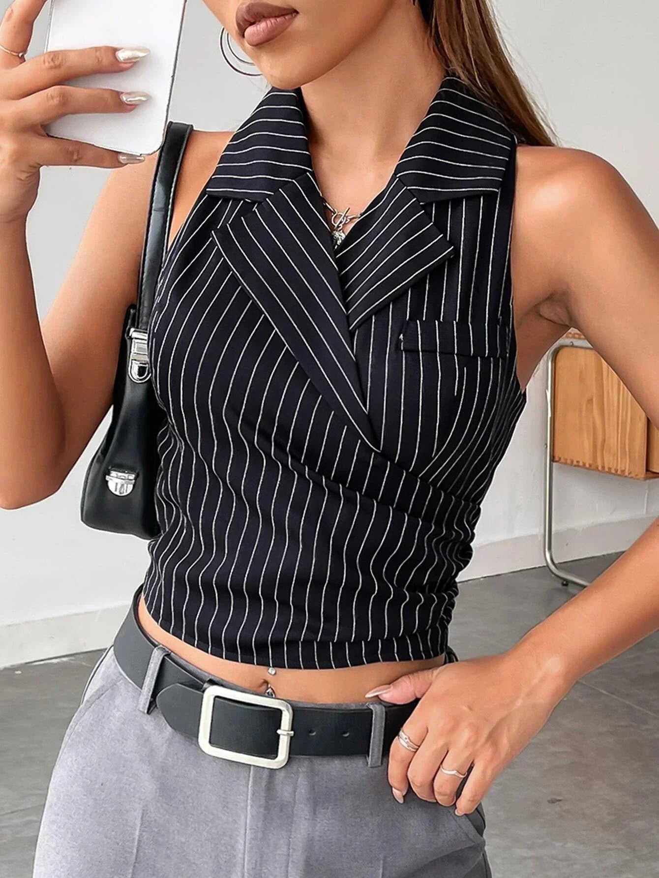 Buy SHEIN Unity Pinstriped Print Lapel Neck Crop Tank Top in Pakistan