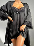 Buy SHEIN Contrast Lace Satin Slip Night Dress & Belted Robe PJ Set in Pakistan