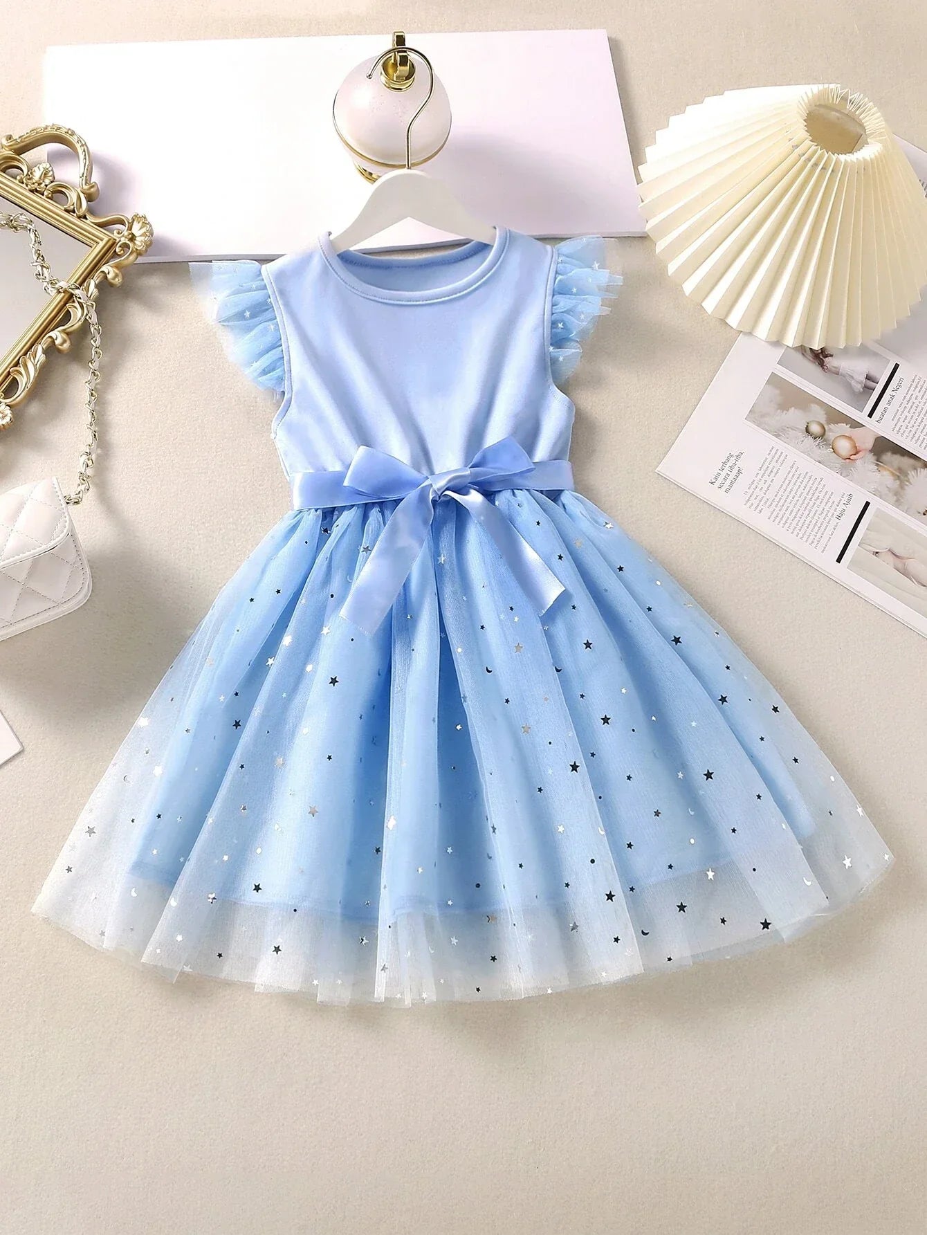 Buy SHEIN Toddler Girls Star Mesh Ruffle Trim Belted Dress in Pakistan