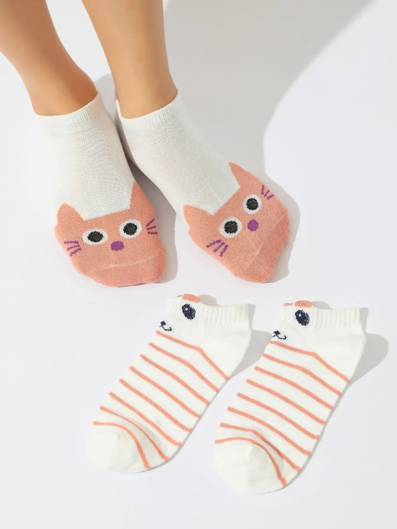 Buy Shein 2pairs Cartoon Cat & Striped Pattern Ankle Socks in Pakistan