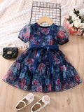 Buy SHEIN Toddler Girls Floral Print Puff Sleeve Ruffle Hem Belted Organza Dress in Pakistan