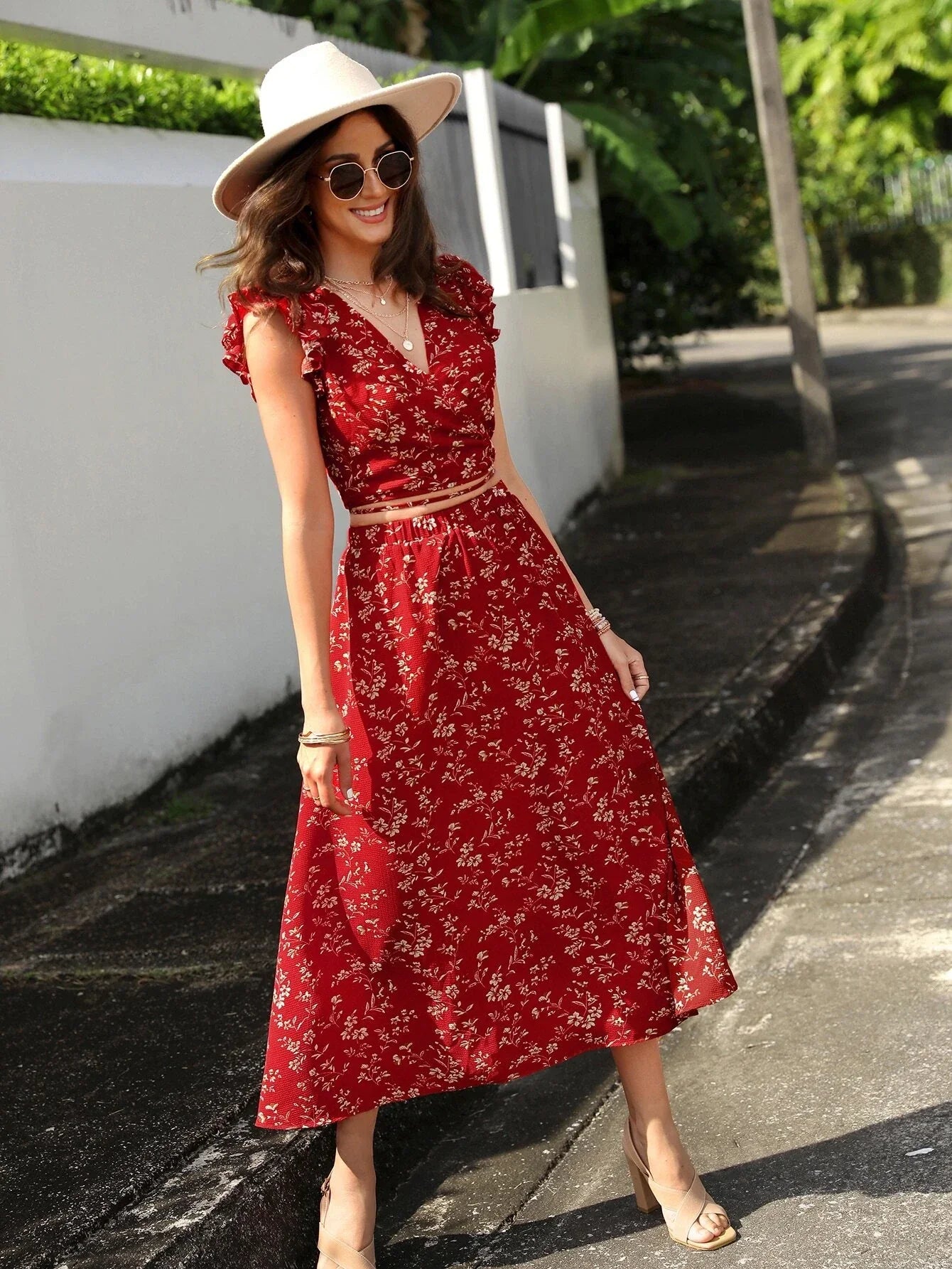 Buy Shein Emery Rose Floral Print Wrap Tie Back Top & Skirt in Pakistan