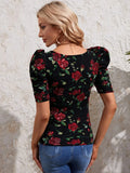 Buy Shein Floral Print Puff Sleeve Sweetheart Neck Tee in Pakistan