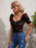 Buy Shein Floral Print Puff Sleeve Sweetheart Neck Tee in Pakistan