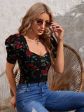 Buy Shein Floral Print Puff Sleeve Sweetheart Neck Tee in Pakistan