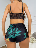 Buy SHEIN Floral Print Contrast Lace Scallop Trim Cami Top & Shorts PJ Set in Pakistan