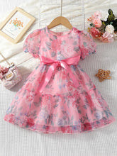 Buy SHEIN Toddler Girls Floral Print Puff Sleeve Ruffle Hem Belted Organza Dress in Pakistan