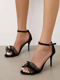 Buy Shein Women Ruffle Trim Buckle Decor Stiletto Heeled Sandals, Elegant Black Faux Suede Ankle Strap Sandals in Pakistan