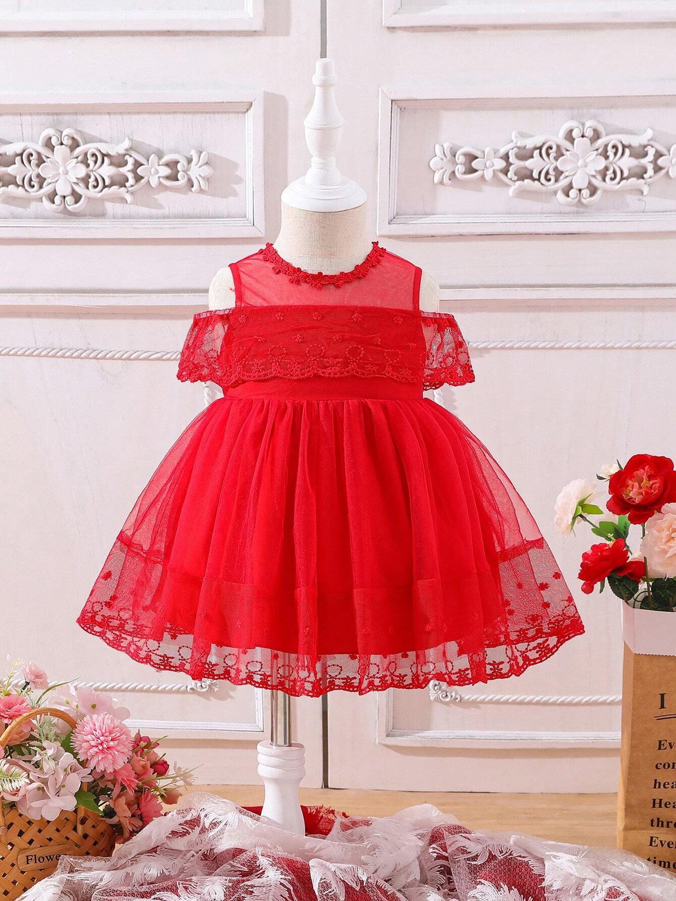 Buy SHEIN Baby Cold Shoulder Mesh Overlay Party Dress in Pakistan