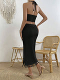 Buy SHEIN VCAY Tassel Trim Crop Halter Top & Split Thigh Skirt in Pakistan