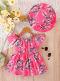 Buy SHEIN Baby Tropical Print Cold Shoulder Ruffle Trim Dress With Hat in Pakistan