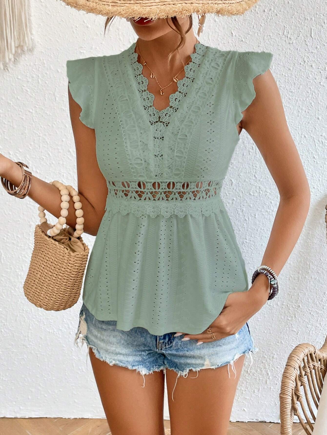 Buy SHEIN Frenchy Guipure Lace Panel Butterfly Sleeve Peplum Schiffy Tee in Pakistan