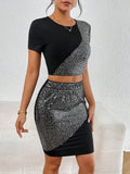 Buy SHEIN Privé Contrast Sequin Crop Tee & Bodycon Skirt in Pakistan