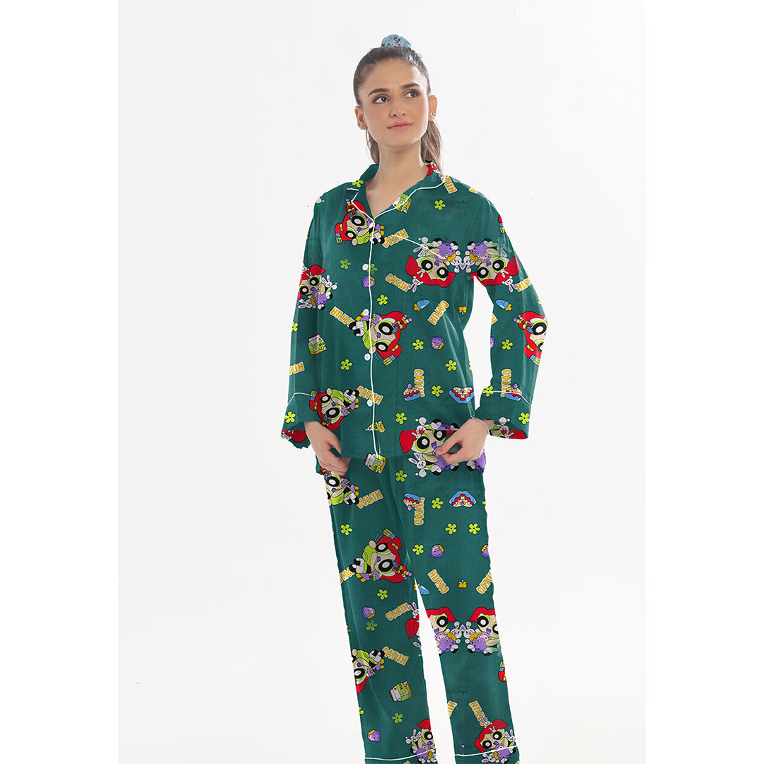 Buy Linen Pajama Suit with Scrunchie - Green Vibe in Pakistan