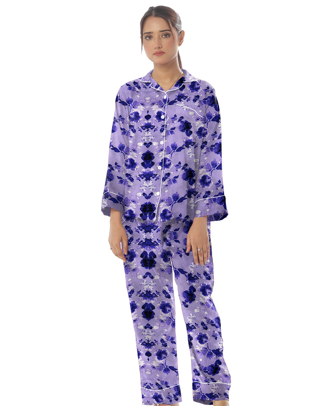 Buy Linen Pajama Suit with Scrunchie - Moonlit Flowers in Pakistan