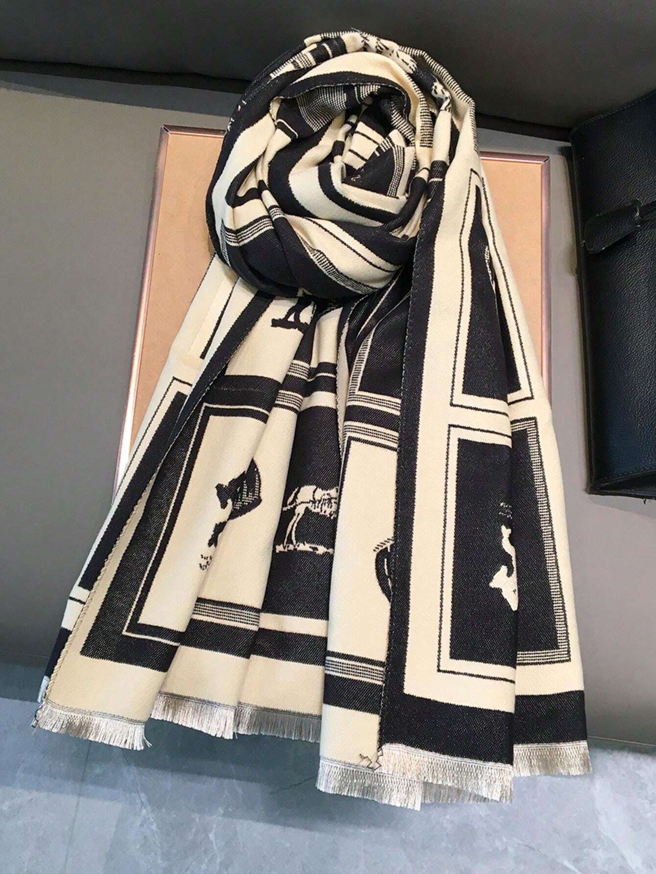 Buy SHEIN 1pc Black Horse Pattern Warm Scarf/Shawl For Women, Winter Thick Dual-Use Scarf Wrap For Office And Air-Conditioned Room Accessories Women in Pakistan