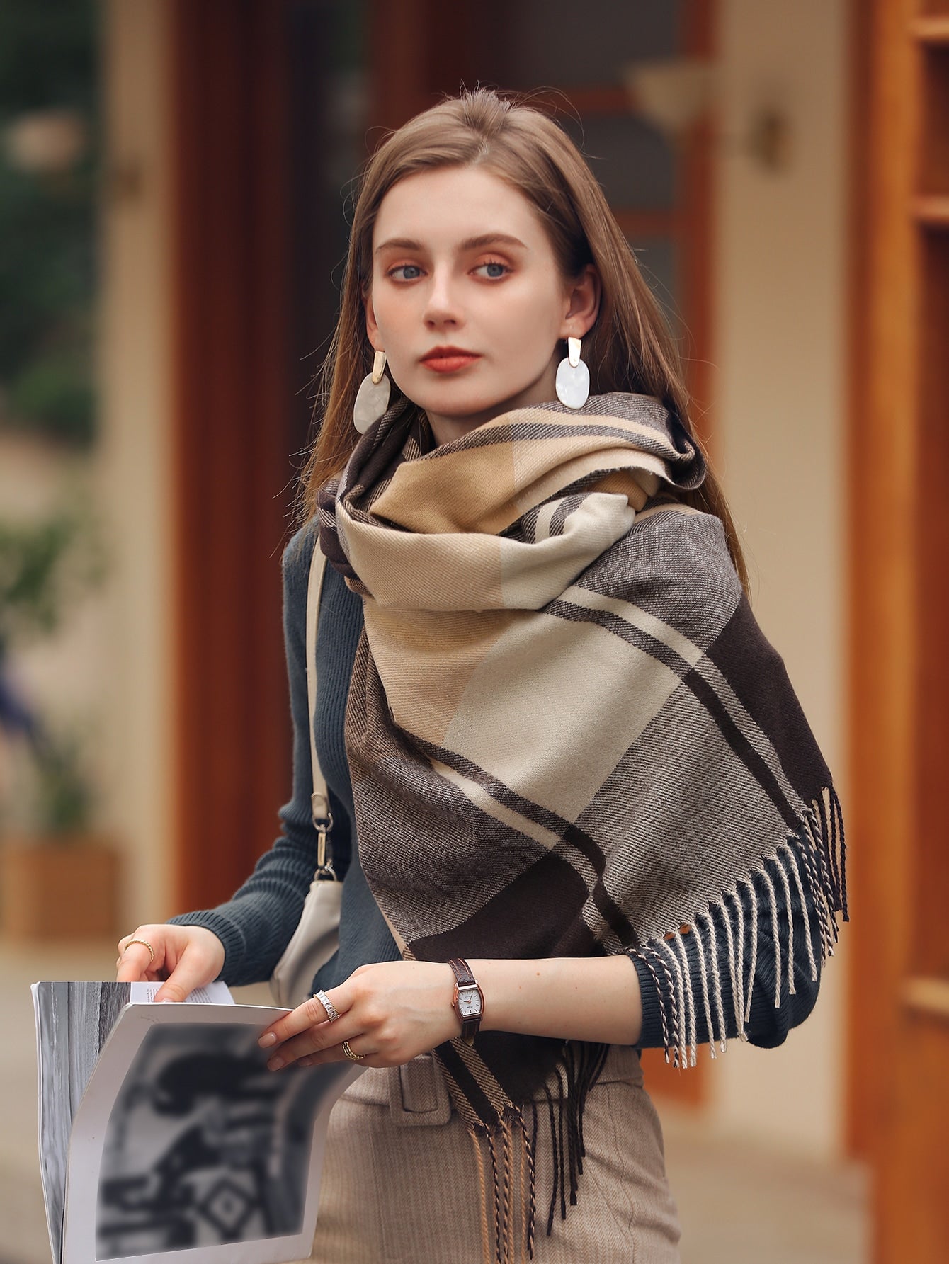 Buy SHEIN 1pc Women's Multicolor Plaid Tassel Design Faux Cashmere Warm Fashion Poncho Scarf, Plus Size Suitable For Daily Use in Pakistan