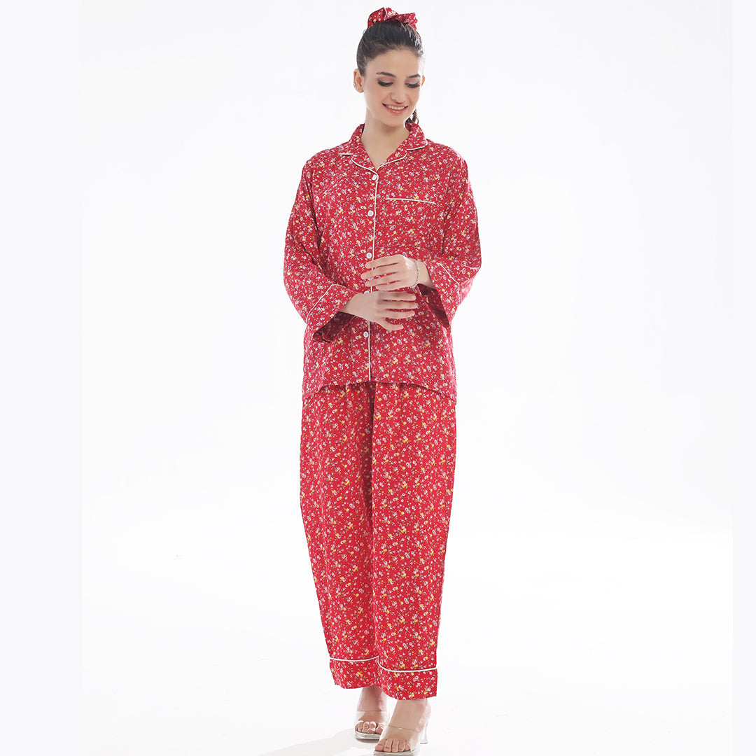 Buy French Red Flowers Linen Pajama Suit with Scrunchie in Pakistan