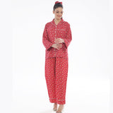 Buy French Red Flowers Linen Pajama Suit with Scrunchie in Pakistan