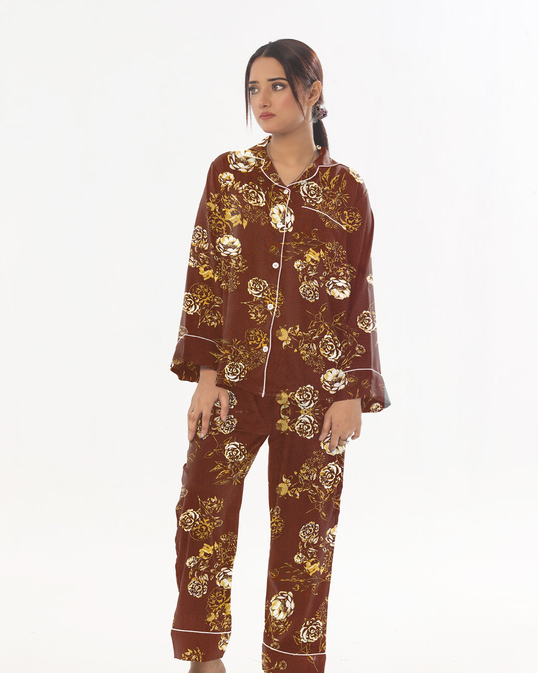Buy Linen Pajama Suit with Scrunchie - Bronze Bloom in Pakistan