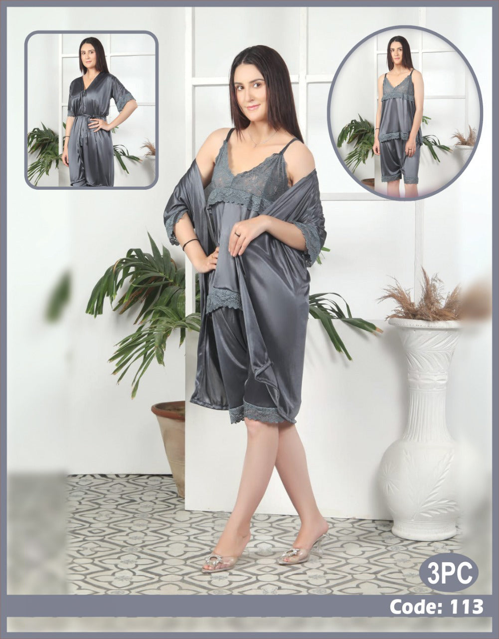 Buy Florea - 3 Pcs Silk Nighty Set With Gown - 113 in Pakistan