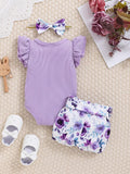 Buy SHEIN 2pcs/Set Baby Girl Spring Purple Ruffled Trim Romper, Bowknot Headband And Purple Floral Printed Shorts in Pakistan