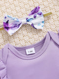 Buy SHEIN 2pcs/Set Baby Girl Spring Purple Ruffled Trim Romper, Bowknot Headband And Purple Floral Printed Shorts in Pakistan