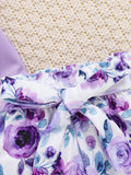 Buy SHEIN 2pcs/Set Baby Girl Spring Purple Ruffled Trim Romper, Bowknot Headband And Purple Floral Printed Shorts in Pakistan