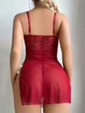 Buy SHEIN 2pcs Set Mature Sexy Red Lace Contrast Mesh Split Nightgown And G-String Lingerie in Pakistan