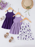 Buy SHEIN 3pcs Baby Girls Floral Print Solid Ribbed Button Camisole Dress Set in Pakistan