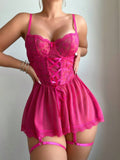 Buy SHEIN 3pcs Women Pink Sexy Lingerie Set (Underwire Garter Slip Dress, Detachable Garter Strap, Thong Panty) in Pakistan