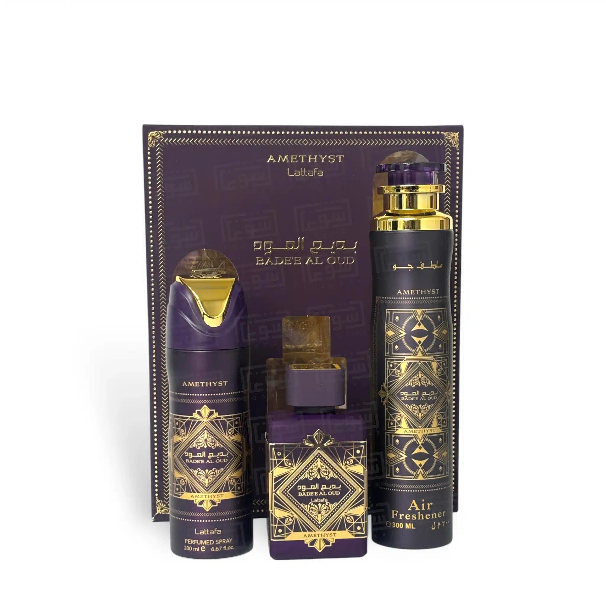 Buy Lattafa Badee Al Oud Amethyst Gift Set(A/F 300ml+ Deo 200ml+ 100ml) in Pakistan