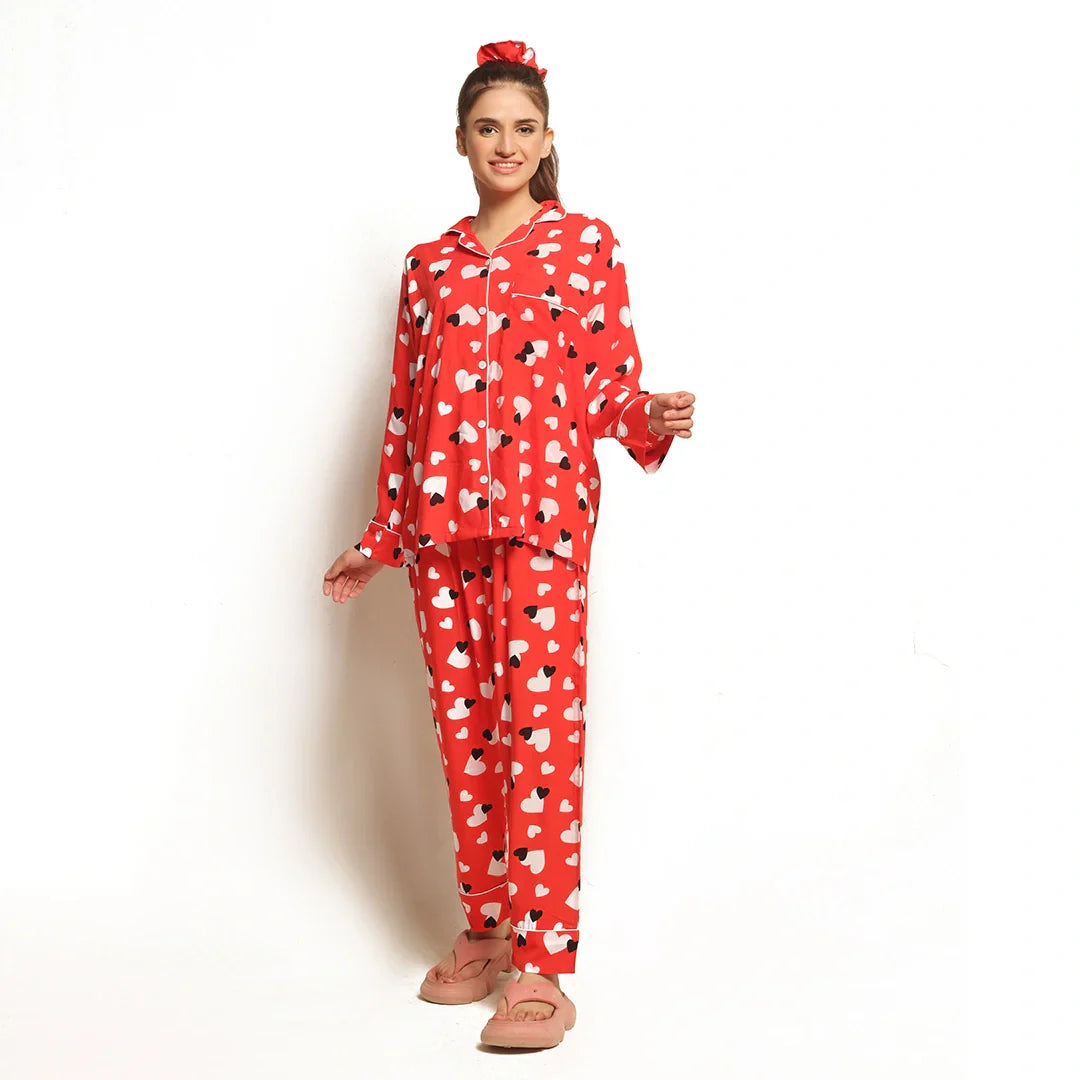 Buy Sweetheart Red Linen Pajama Suit with Scrunchie in Pakistan