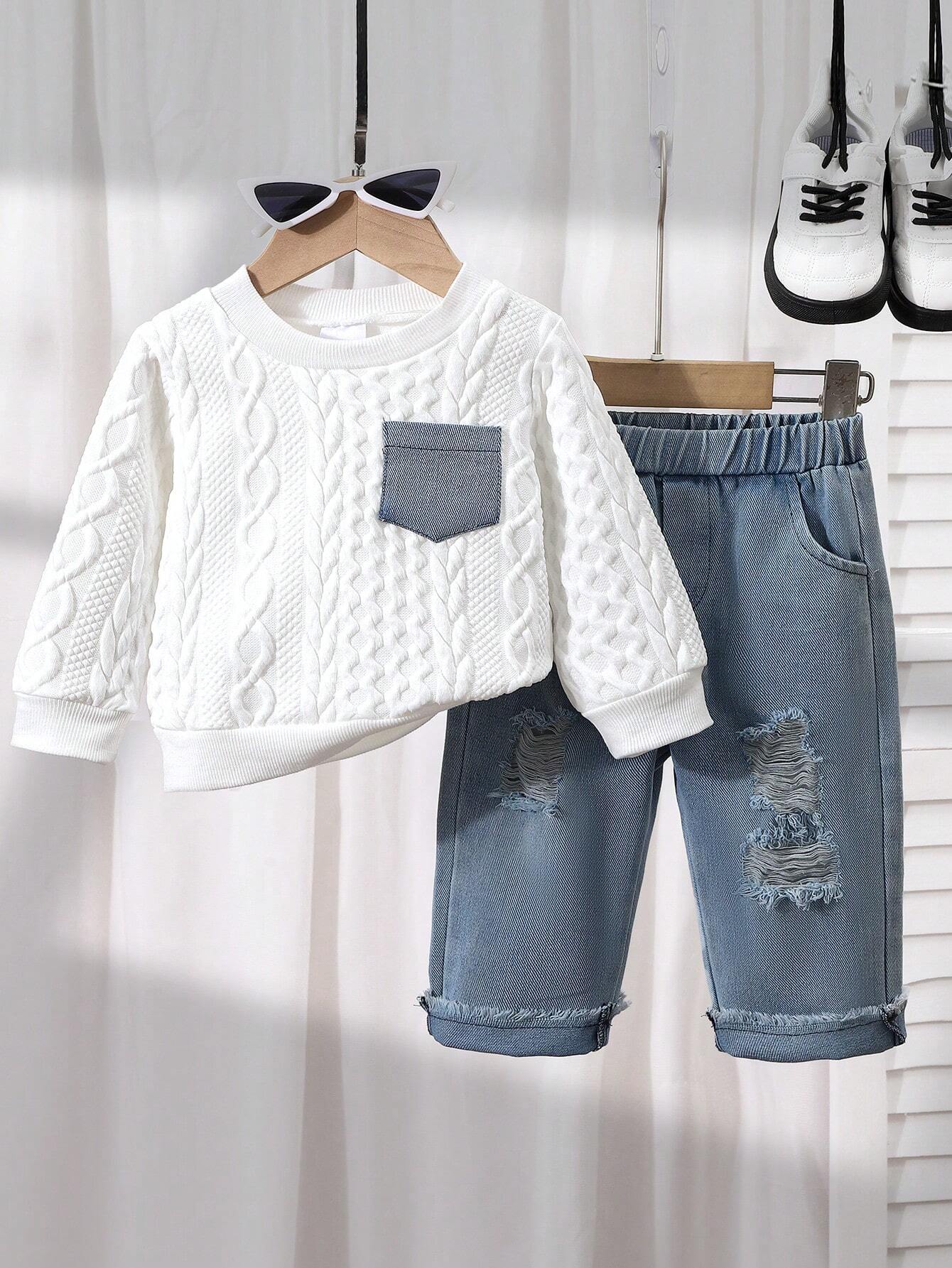 Buy Baby Boy Patchwork Denim Pocket Round Neck Long Sleeve Top And Distressed Jeans Set in Pakistan