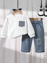 Buy Baby Boy Patchwork Denim Pocket Round Neck Long Sleeve Top And Distressed Jeans Set in Pakistan