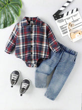 Buy SHEIN Baby Boys' Plaid Shirt With Denim Romper And Jeans Set in Pakistan