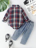 Buy SHEIN Baby Boys' Plaid Shirt With Denim Romper And Jeans Set in Pakistan