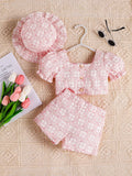 Buy SHEIN Baby Floral Print Puff Sleeve Top & Shorts & Hat in Pakistan