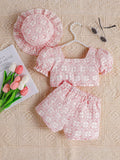 Buy SHEIN Baby Floral Print Puff Sleeve Top & Shorts & Hat in Pakistan