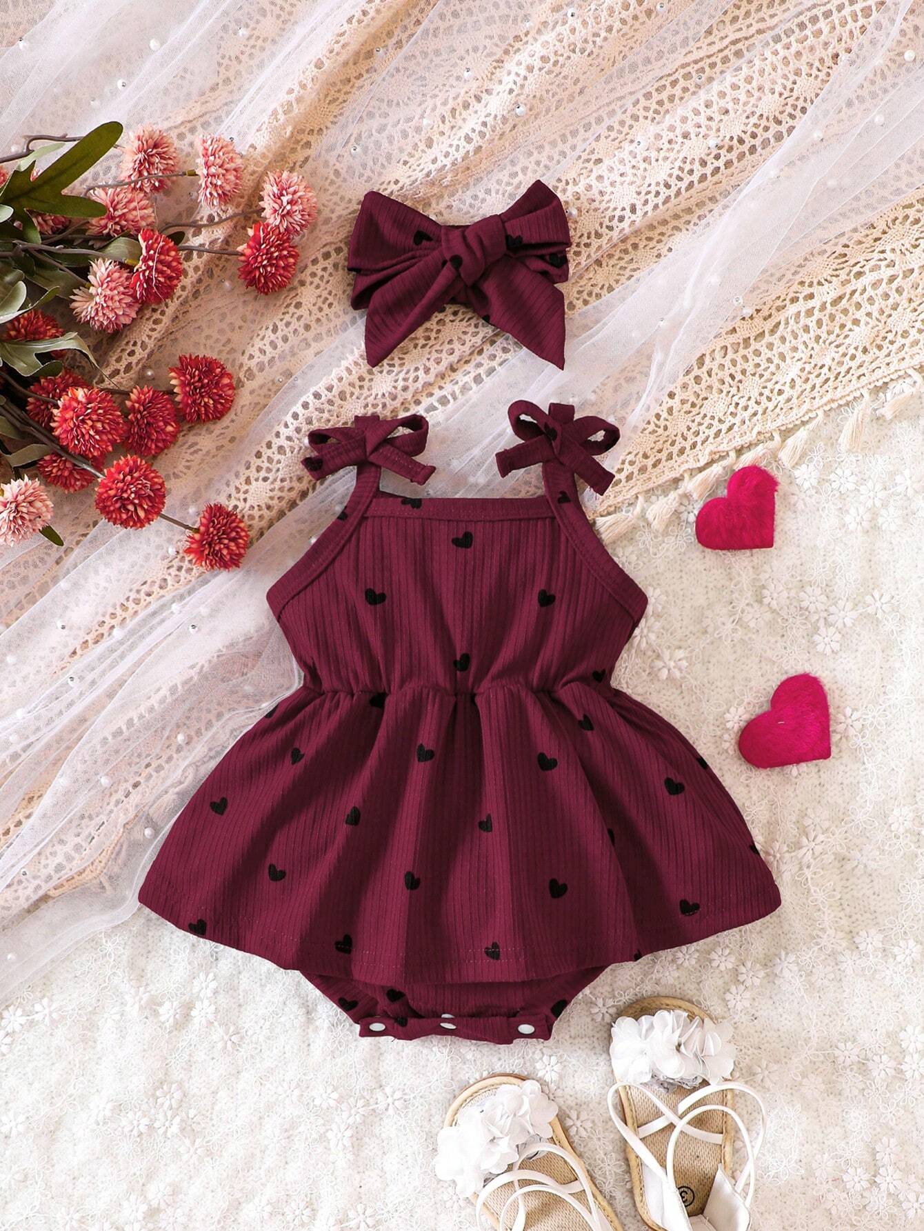 Buy SHEIN Baby Girl Heart Print Bow Shoulder Cami Combo Bodysuit Dress & Headband in Pakistan