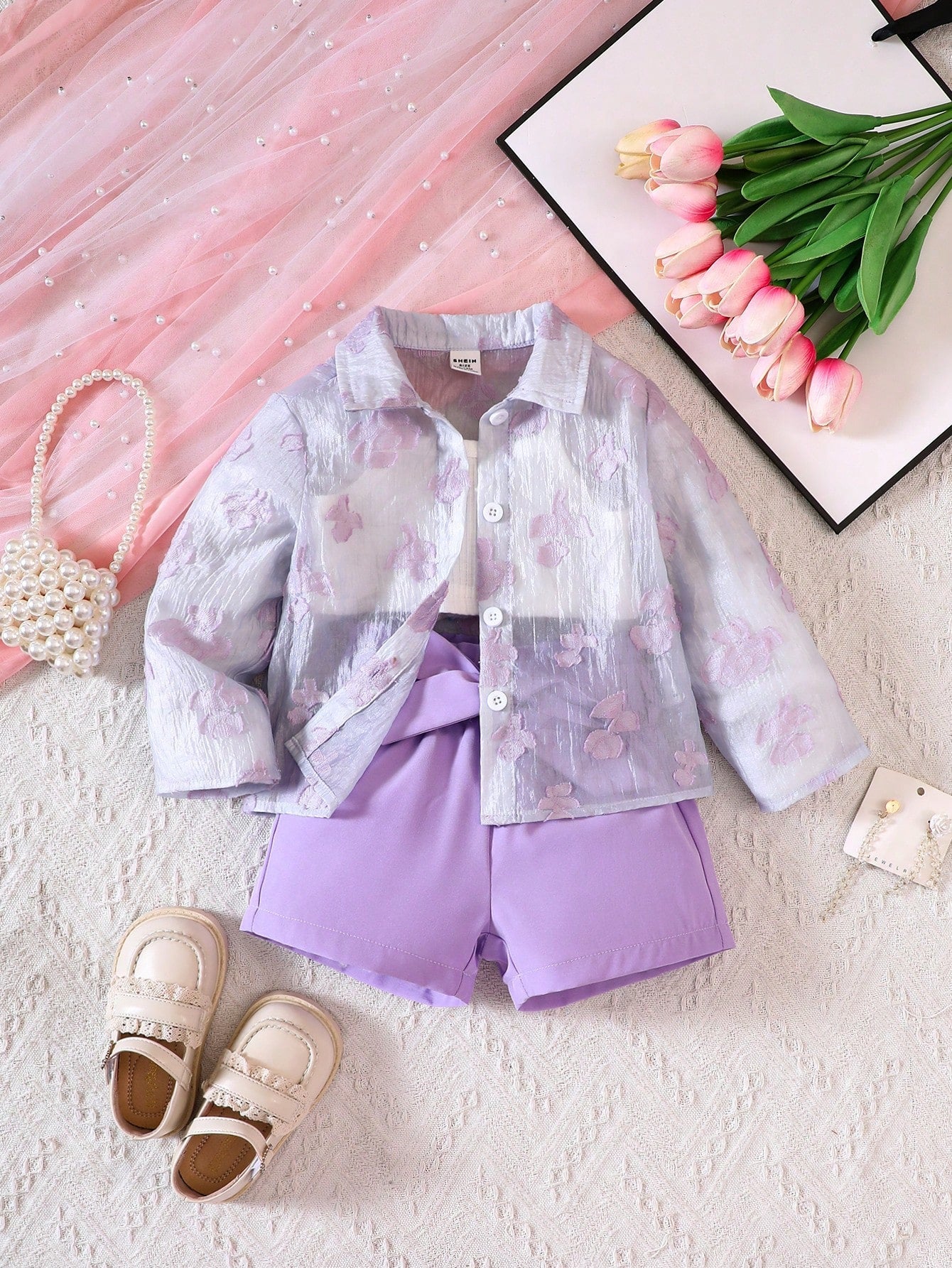 Buy SHEIN Baby Girl Jacquard Shirt & Cami Top & Shorts in Pakistan