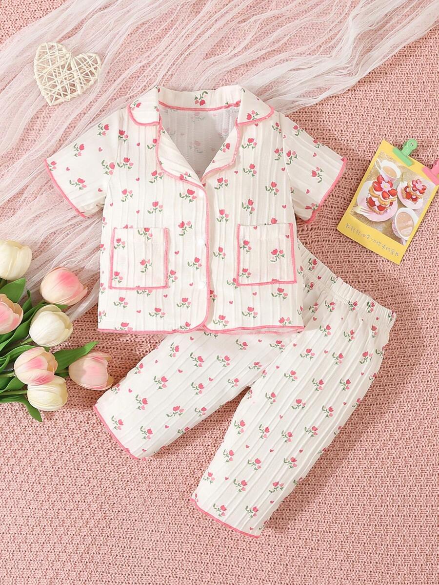 Buy SHEIN Baby Girl Light Pink Simple Print Short Sleeve T-Shirt And Shorts Casual 2pcs Home Outfit in Pakistan