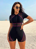 Buy SHEIN Bikinx Top-Stitching Mesh Panel Short Sleeve Surfing One-Piece Summer in Pakistan
