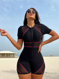 Buy SHEIN Bikinx Top-Stitching Mesh Panel Short Sleeve Surfing One-Piece Summer in Pakistan