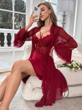 Buy SHEIN Contrast Lace Flounce Sleeve Mesh Robe & Cami Dress PJ Set in Pakistan