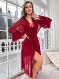 Buy SHEIN Contrast Lace Flounce Sleeve Mesh Robe & Cami Dress PJ Set in Pakistan