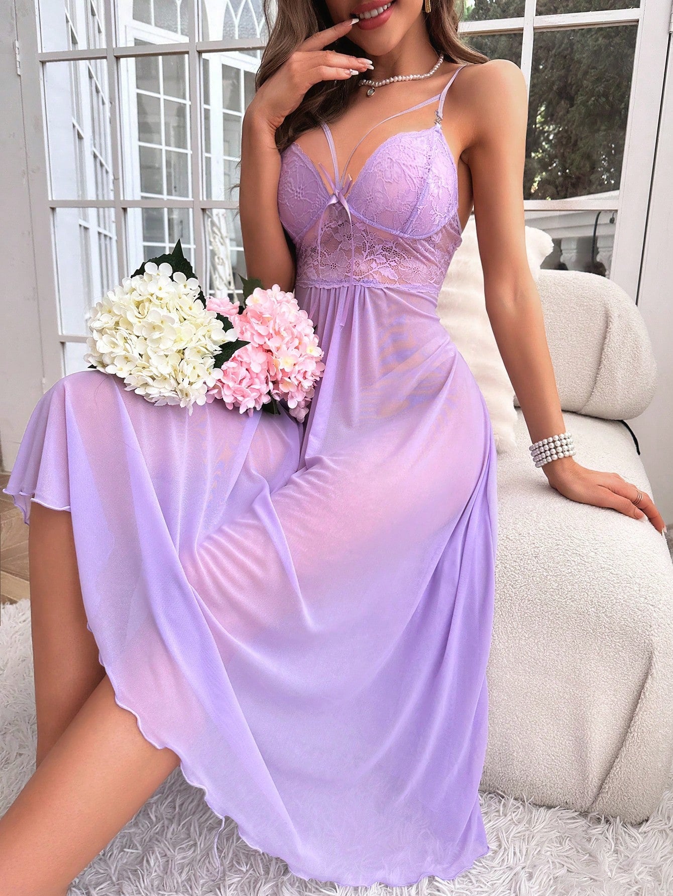 Buy SHEIN Contrast Lace Mesh Cami Nightdress in Pakistan