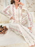 Buy SHEIN CottageSlumber 2pcs/Set Ruffled Collar Open Front Bubble Texture Printed Pajama Set in Pakistan
