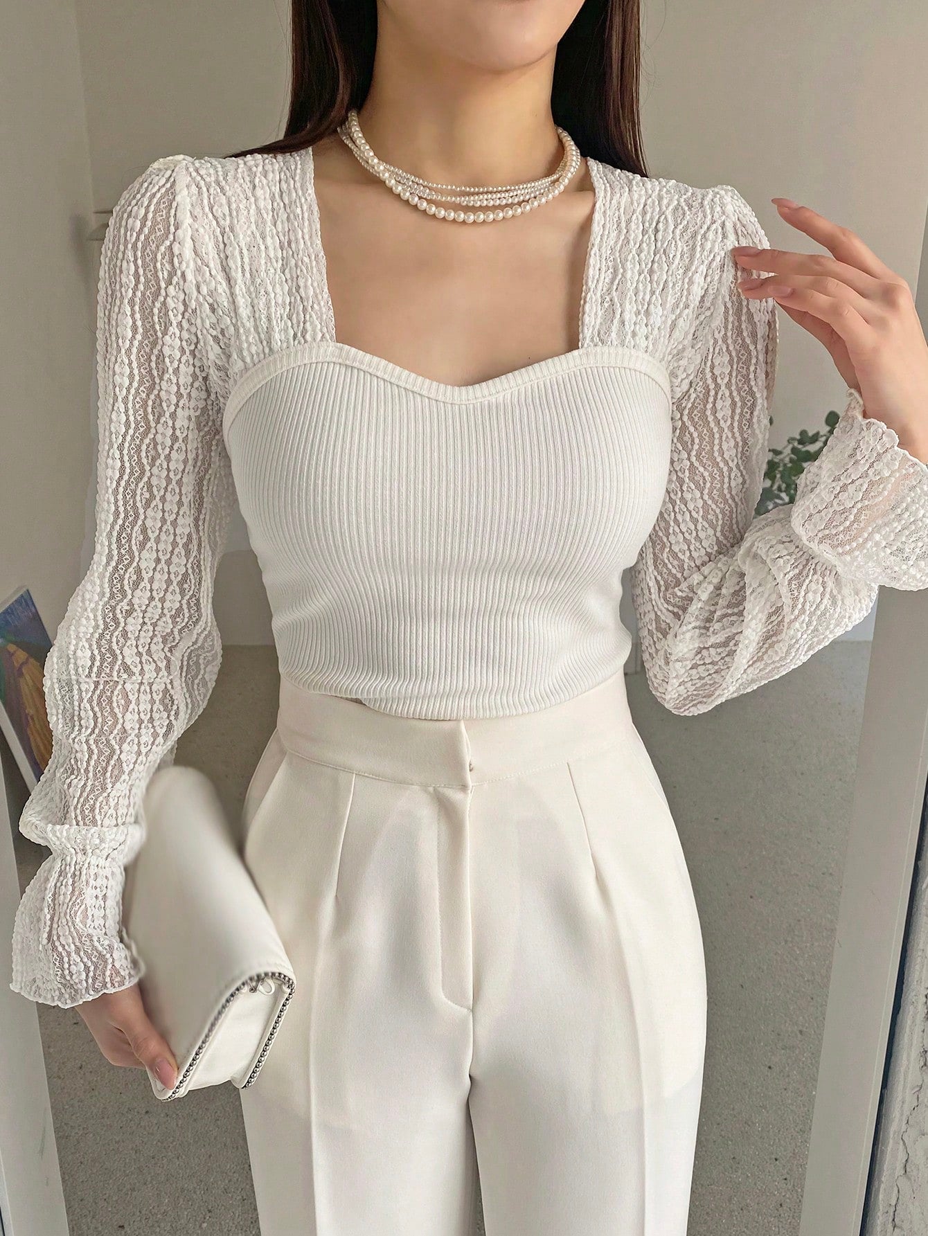 Buy SHEIN DAZY Contrast Lace Flounce Sleeve Sweetheart Neck Top in Pakistan