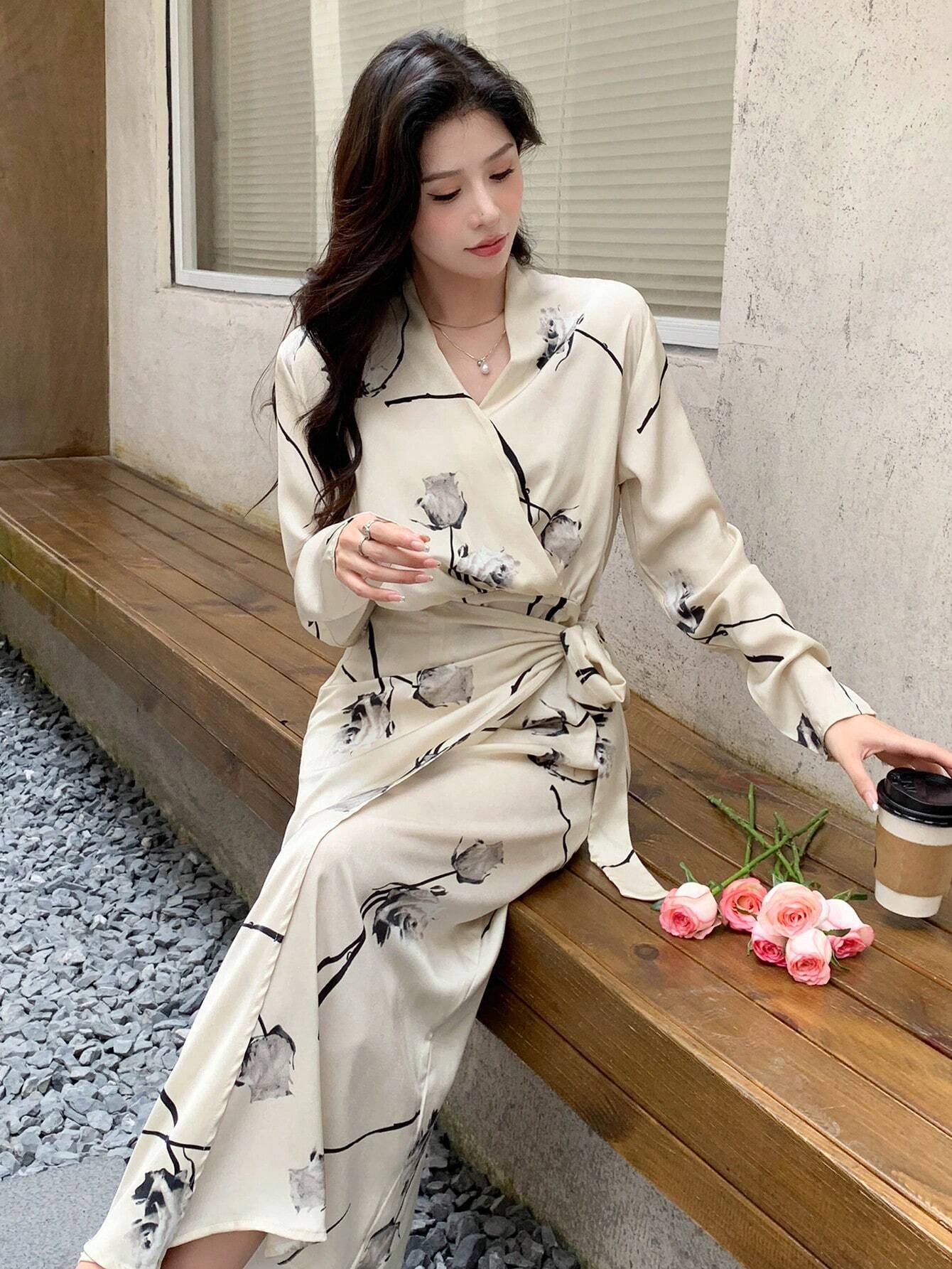 Buy SHEIN DAZY Floral Print Knot Side Wrap Dress in Pakistan